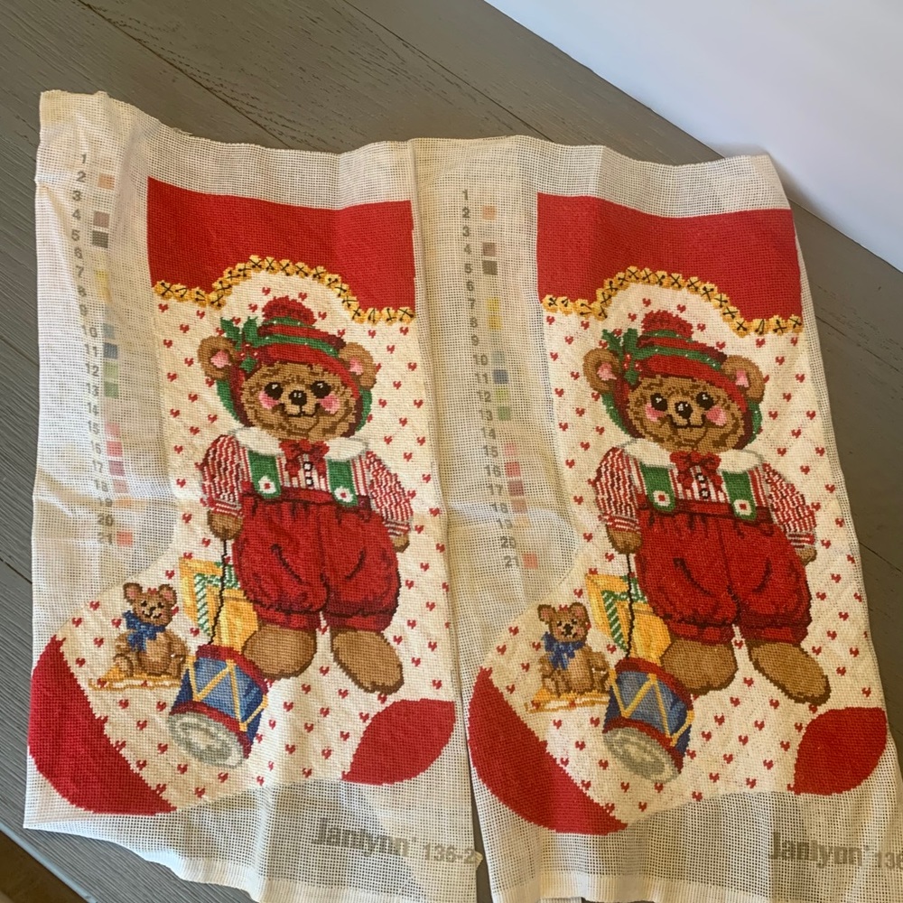Pair of Jannlyn Elfy Bear stockings cross stitch